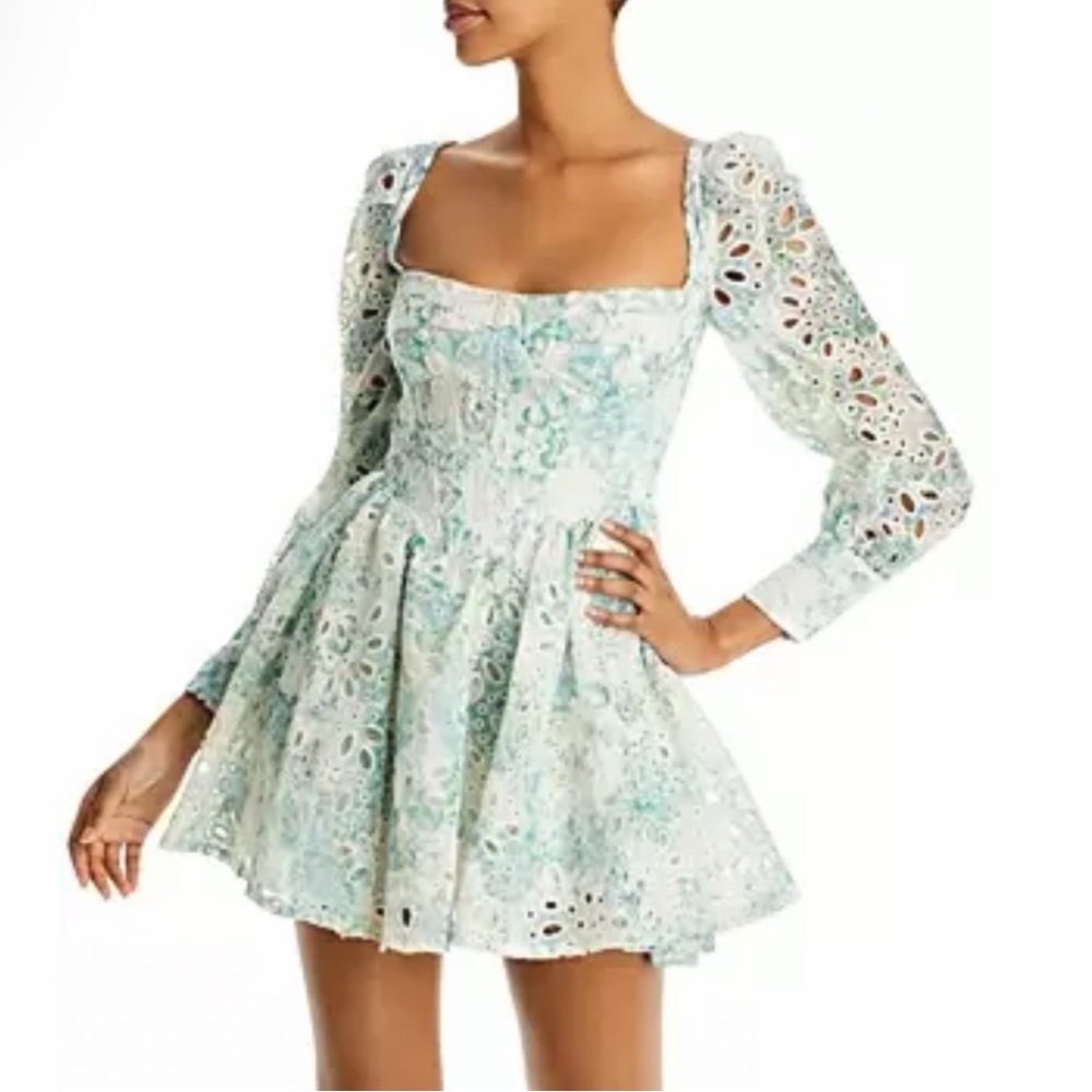 Bardot Lila Eyelet Flounce Water Floral Long Sleeve Minidress White Blue 10 NWT